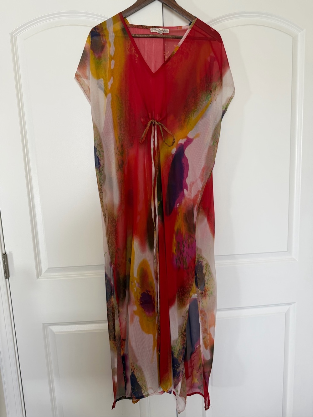 Michael Stars Red Multicolor Sheer V-Neck Swim Coverup